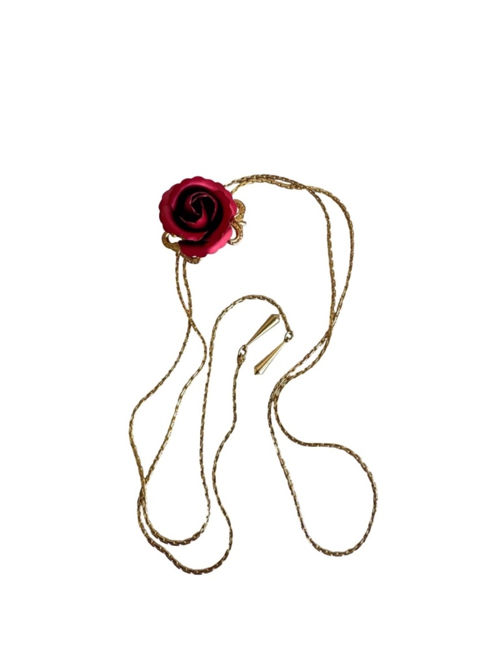 Vintage Red Rose Bolo Tie Lariat Necklace Gold Tone Chain Floral Pendant Jewelry - Picture 11 of 16